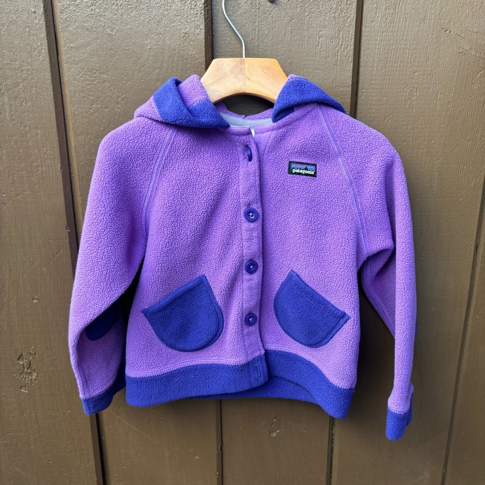 Patagonia Purple Fleece Elf Hood Jacket Elbow Patches Size 3T Baby Toddler - Picture 2 of 10